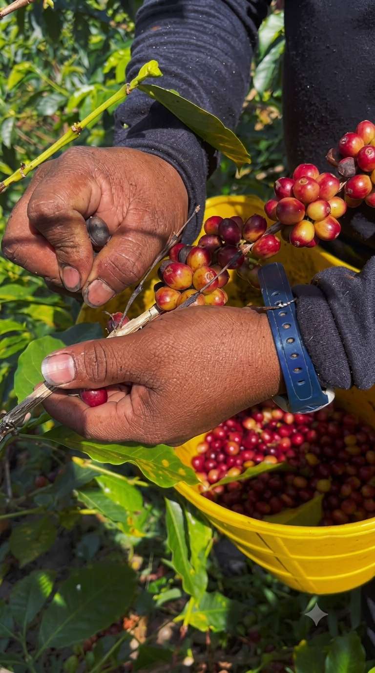 cultivo de café, y campesino haciendo la recogida del fruto en su mejor estado
